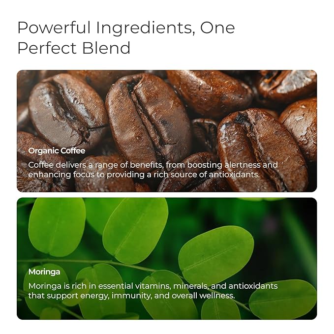 Livingood Daily Coffee with Moringa, Whole Bean Medium Roast Coffee with Plant Based Ingredients for Morning Energy, Made with Moringa Powder, Organic, Non GMO, Vegan, Gluten Free, 20 Srvgs, 12 oz Bag