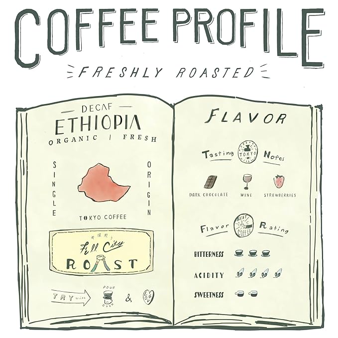 TOKYO COFFEE Ethiopia Moka Organic Decaf Coffee Beans - 24 oz Medium Dark Roast Whole Bean - Smooth & Bold Flavor, Mountain Water Decaffeinated