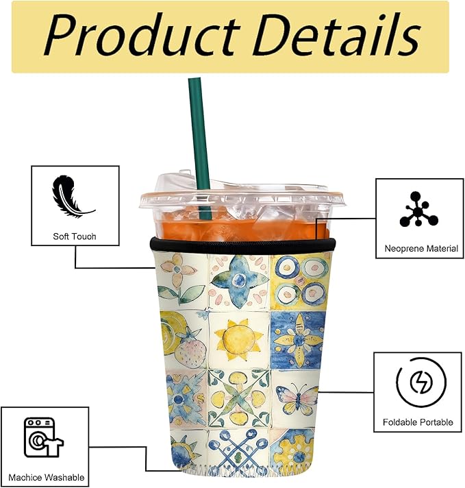 Neoprene Iced Coffee Sleeve 3 Pack, Reusable Insulated Cup Holder with Colorful Watercolor Pattern, Fits 16–32 oz Tumblers, Compatible with Starbucks & Dunkin