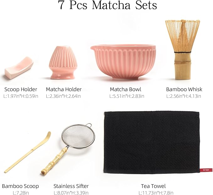 Matcha Whisk Set, Matcha Set Includes Ceramic Matcha Bowl, Matcha Whisk and Holder, Bamboo Scoop, Sifter, Scoop Rest and Tea Towel - 7 Pcs Matcha Making Kit for Matcha Lover and Tea Ceremony