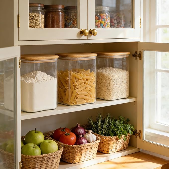KEYWING 115oz Glass Food Storage Containers with Bamboo Lids, 2 Pack Large Square Airtight Glass Jars for Flour, Sugar, Cereal, Rice, Pasta & Coffee Beans