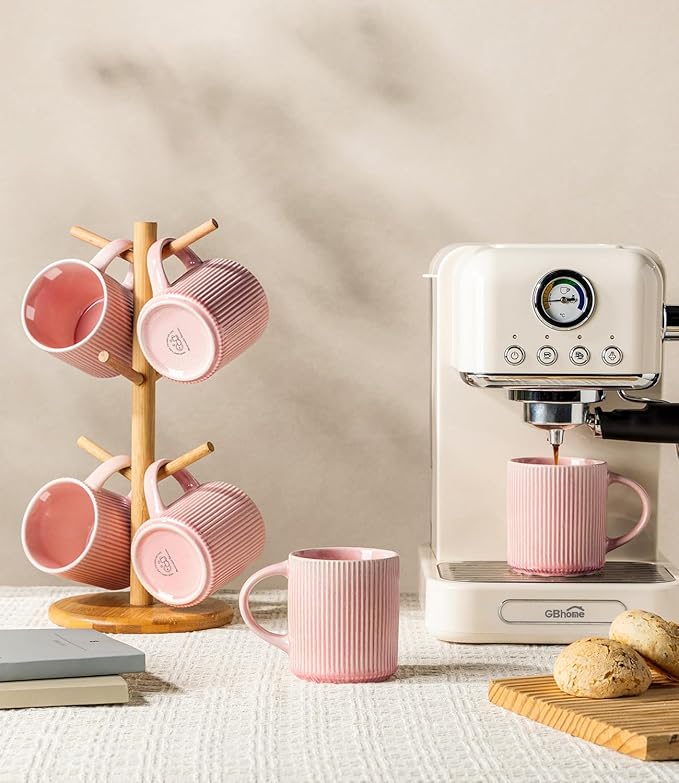 GBhome Coffee Mugs Set for 6, 12oz Coffee Cups with Handle for Man,Woman,Dad,Mom, Stoneware Mugs Sets for Coffee, Latte,Tea, Hot Cocoa, Milk, Dishwasher&Microwave Safe,Pink