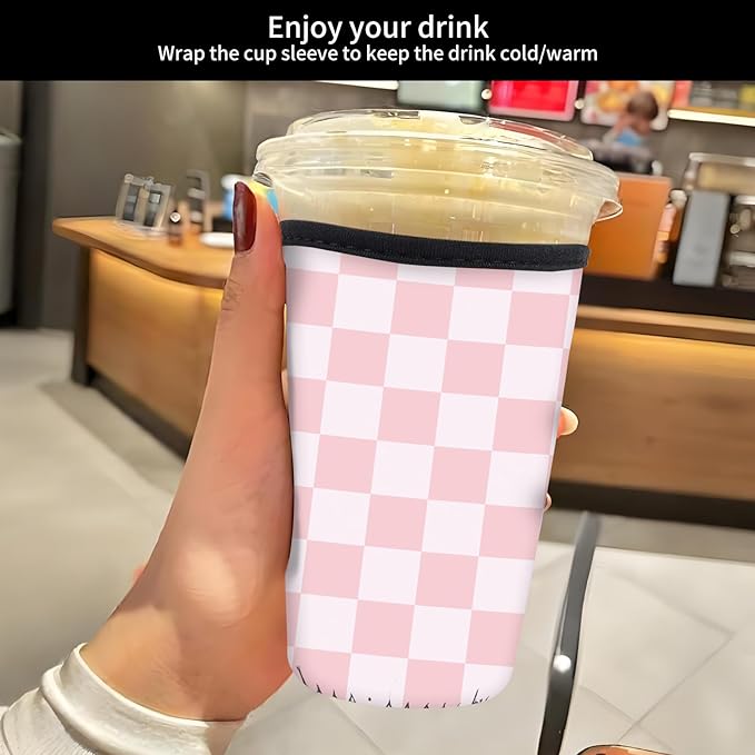 Reusable Neoprene Insulator Sleeve for Iced Coffee Cold Soda Cups, Cute Durable Drink Sleeve for Cold Beverages, Medium 22-28oz Cup Sleeve Cute Pink Checkerboard