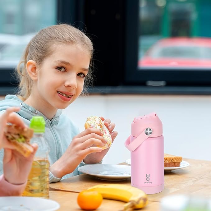 Kids Water Bottle for School 12 oz,Stainless Steel Insulated Water Bottles,Pink Water Bottles for Toddler Girls Boys with Straw Lids & Handle