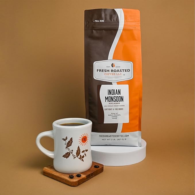 Fresh Roasted Coffee, Indian Monsoon Malabar, 2 lb (32 oz), Light Roast, Kosher, Whole Bean