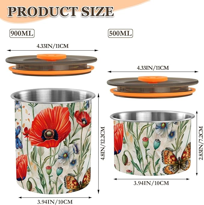 ALAZA Red Poppy Flowers Butterfly Airtight Coffee Bean Canister 500ml Food Storage Containers with Lids For Gournd, Tea, Sugar, Flour, Rice, Cereal, Candy Cookie Jar