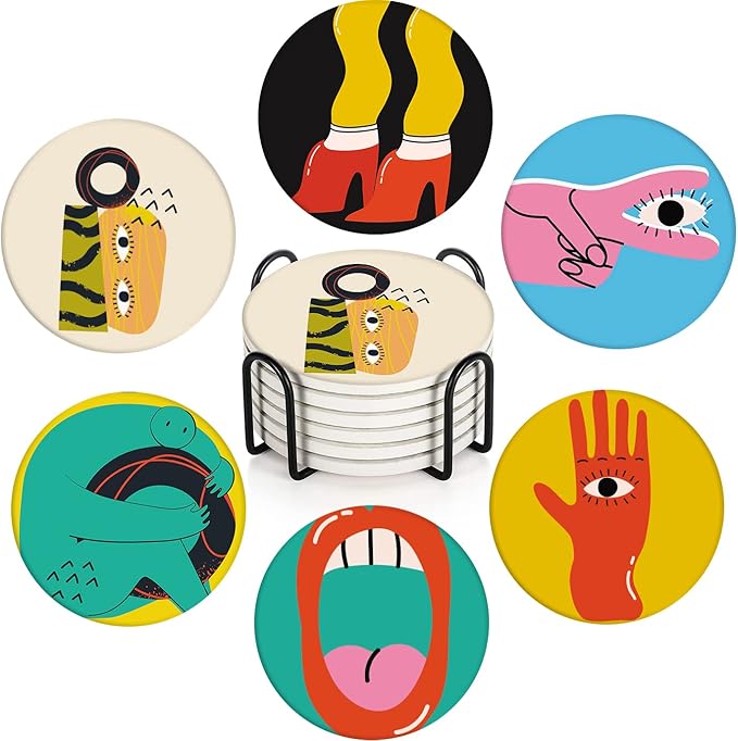 Britimes Table Coaster for Drinks Set of 6, Cute Funny Vintage Music Retro Geometric Coffee Absorbent Round Ceramic Stone Mat, with Cork Base and Metal Holder, Gift for Housewarming Room Bar Decor