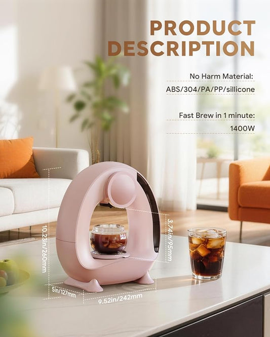 3 in 1 Single Serve Coffee Maker for K Cup Pink, Ground and Tea Leaves, Mini K Cup Coffee Brewer with One Button Operation, 1400W 20s Fast Heating,Compact for Small Spaces-Glass not included