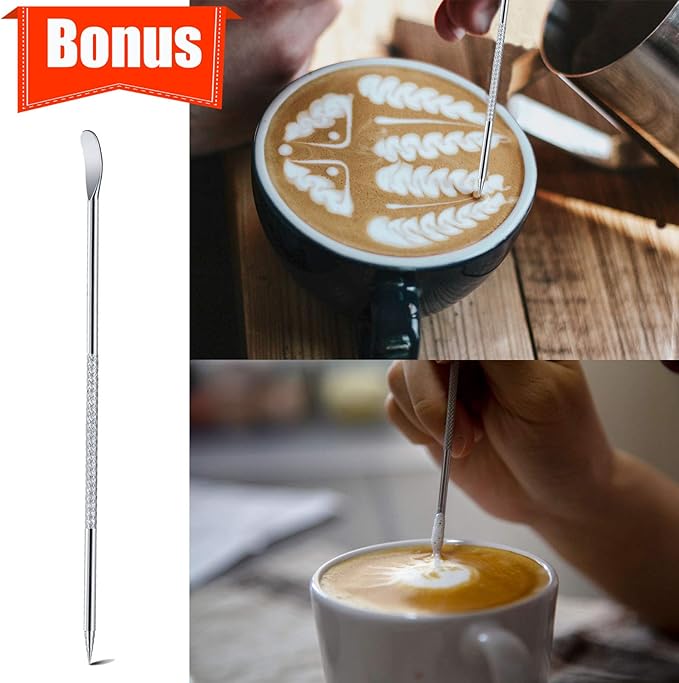 Milk Frothing Pitcher, Thicker Version 20oz Espresso Steaming Pitchers Stainless Steel Cappuccino Coffee Machine Accessories Barista Tools Steamer Pitchers Milk Jug Cup with Decorating Pen Latte Art