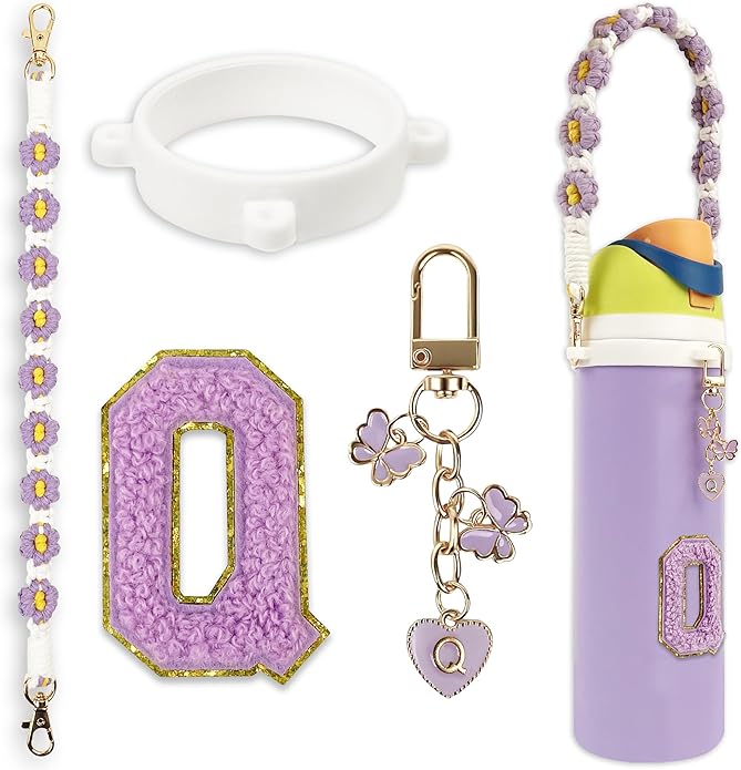Compatible with Owala Water Bottle Accessories, Cute Letter Charm Set with Boho Handle Strap, Monogram Sticker, Silicone Ring, Keychain Decoration, for FreeSip 24 32 40oz, Owala Kids, Tumbler Gift