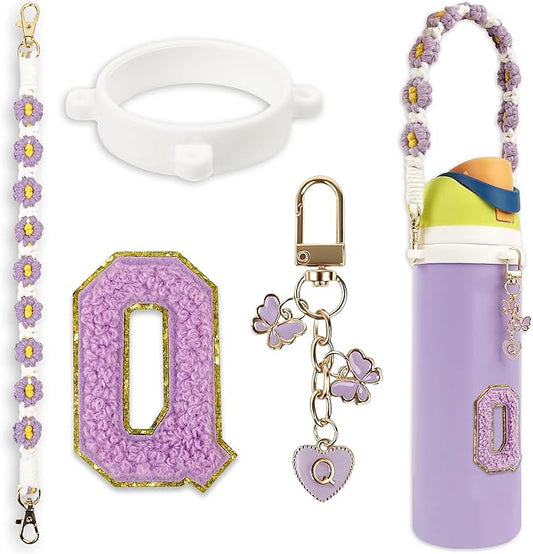 Compatible with Owala Water Bottle Accessories, Cute Letter Charm Set with Boho Handle Strap, Monogram Sticker, Silicone Ring, Keychain Decoration, for FreeSip 24 32 40oz, Owala Kids, Tumbler Gift