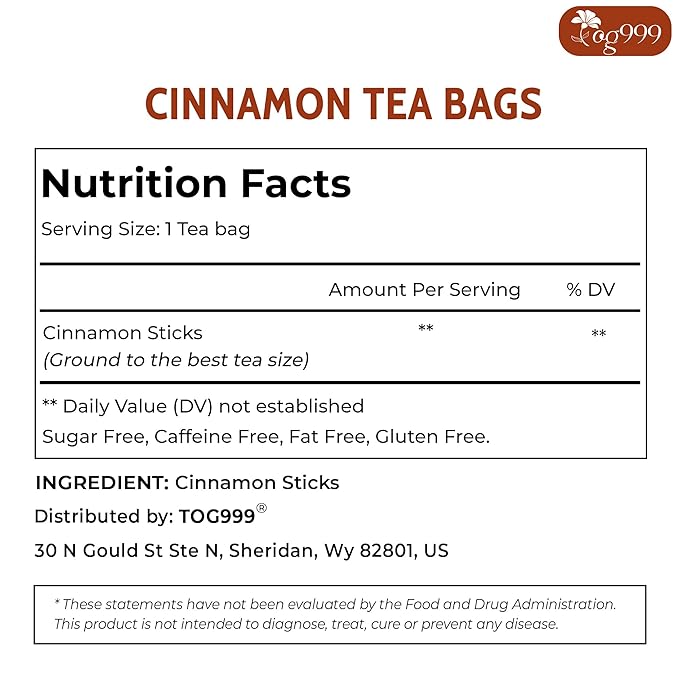 TOG999, Premium 20 Cinnamon Tea Bags, 100% Natural & Pure. Cinnamon Herbal Tea. No Sugar, No Caffeine, No Gluten, Vegan.