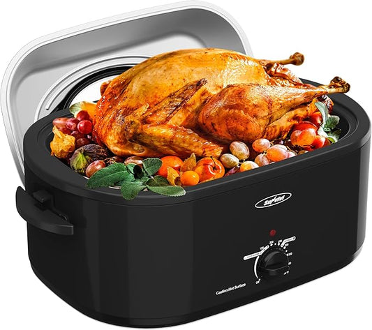 Sunvivi Electric Roaster, 26 Quart Electric Roaster Oven with Self-Basting Lid, Turkey Roaster Oven Buffet with Removable Pan, Cool-Touch Handles, Black