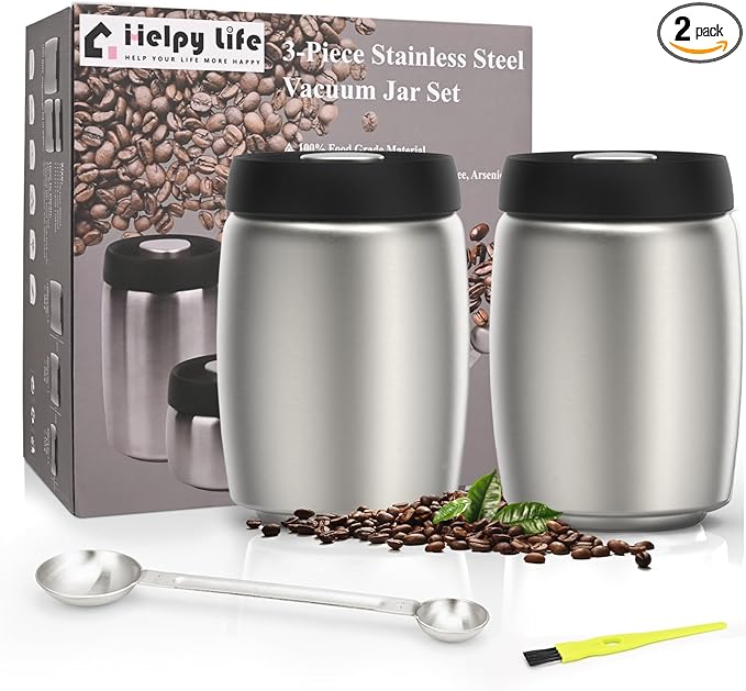 Vacuum Coffee Canister, Coffee Bean Storage with Scoop, Stainless Steel Airtight Food Storage Container, Perfect for Coffee Beans,Grounds,Loose Leaf Tea,2400ml/32OZ(L*2)