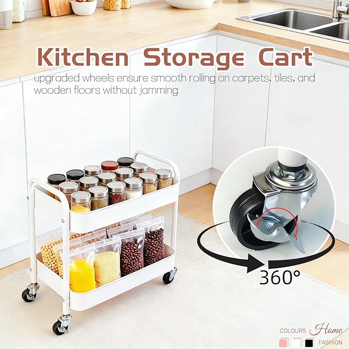 2 Tier Metal Rolling Cart with Wheels for Under Desk Storage & Pantry Storage, High Load-Bearing Kitchen Utility Cart for Small Space, Laundry Room Organization Side Table with 4 Hooks, White