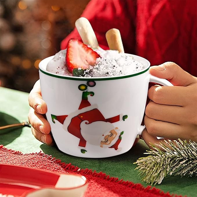 Merry Christmas Coffee Mug Huge Novelty Cup Funny Ceramic Soup Bowl with Handle, 30 oz Wide, Multi-purpose, Santa Mug for Co-workers, Friends, Holiday Decor, White Green Letters