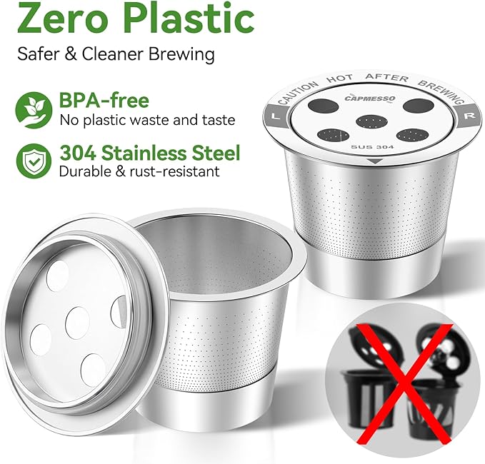 CAPMESSO Reusable K Cups for Keurig: 2026 All Stainless Steel Refillable Coffee Pods Metal Coffee Filters with 5 Holes & Scoop - for K Supreme/K Slim/K-Duo 2/K-Brew Chill MultiStream Maker (2 Pack)