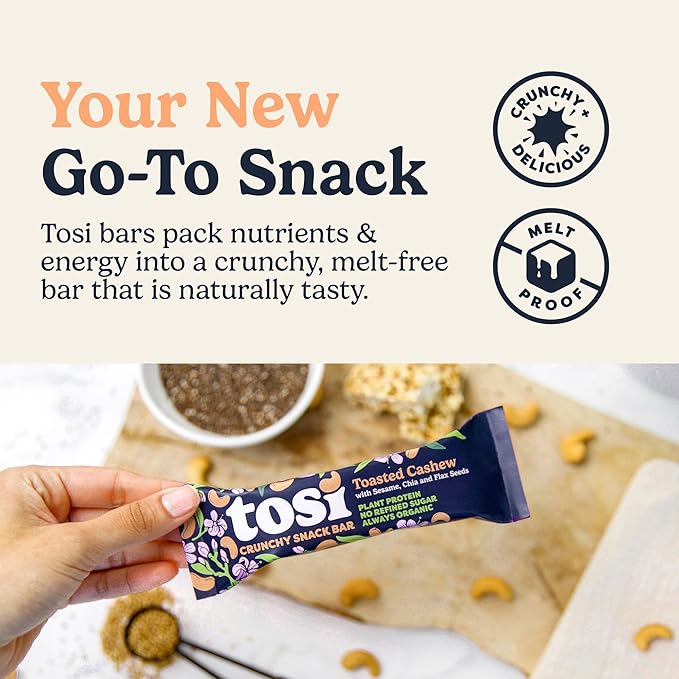 Tosi Nut Bars, Cashew, Healthy Snacks for Adults & Kids, Plant Based Crunchy Bars (6G Protein), Organic Keto Snacks, Vegan, Gluten & Soy Free, Low Sugar, Omega 3s, 1oz, 12-Pack