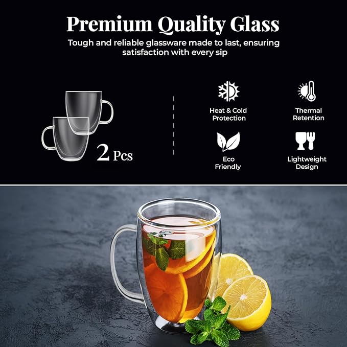 16 Oz Insulated Glass Mugs – Double Wall Coffee Mugs for Tea, Cappuccino, Iced Coffee, Latte, Hot Beverages – Microwave & Dishwasher Safe, Set of 2