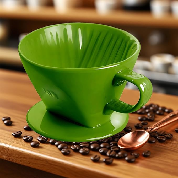 Handmade Pour Over Ceramic Coffee Dripper - Authentic Brewing Experience for Camping, Office, and Home (Dark Green)
