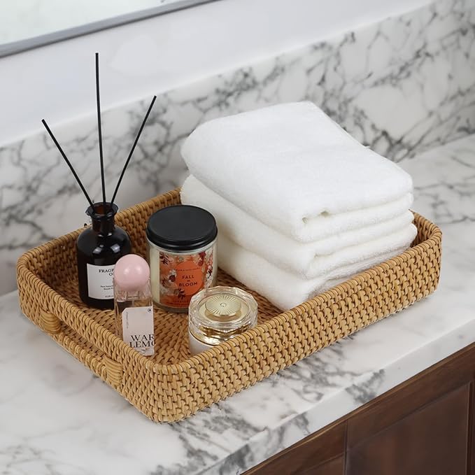 Rattan Serving Tray, Rectangle Coffee Table Tray with Handles, Decorative Ottoman Tea Tray Wicker Basket for Coffee, Bread, Fruits, Snacks, Breakfast, Drinks, Table Decor