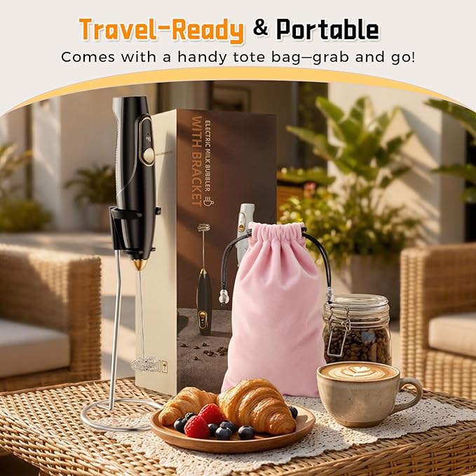 Rechargeable Milk Frother Wand with Stand, Electric Handheld Coffee Frother with 3 Detachable Whisks, Travel Milk Foamer for Protein Powder, Drinks, Espumador de Leche Electrico