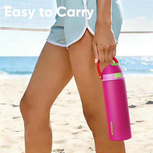Insulated Water Bottle with Straw - Encool Stainless Steel Water Bottle with Push Button Lid, Leak-Proof & BPA-Free, Keeps Cold for 24 Hours for Sports, Travel, Gym (32 oz, Cerise Pink)