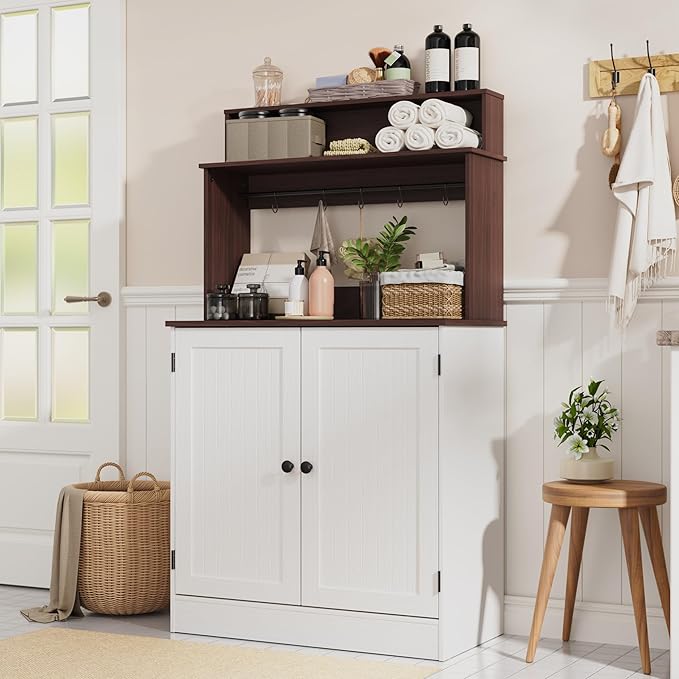 MHOM Farmhouse Bar Cabinet with Storage, Coffee Station Cabinet with 5 Hooks, Small Coffee Bar for Kitchen & Living Room, Antique White