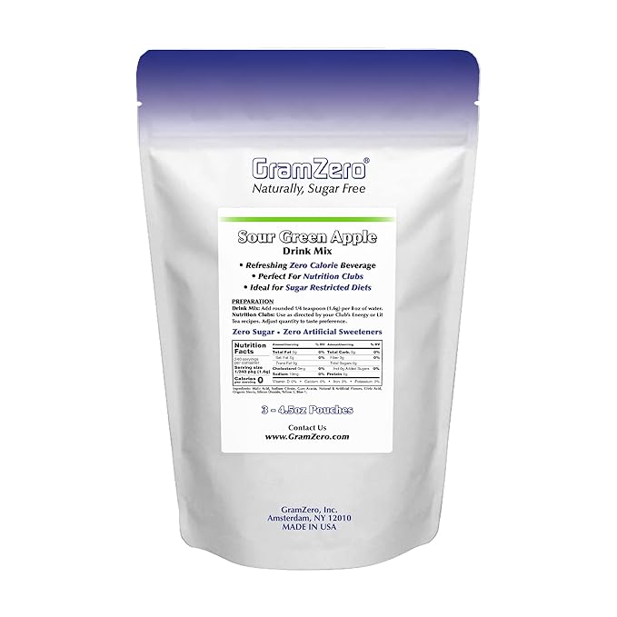 GramZero Sour Green Apple Zero Calorie Sugar Free Drink Mix, Great For Nutrition Club Loaded Tea, Stevia Sweetened