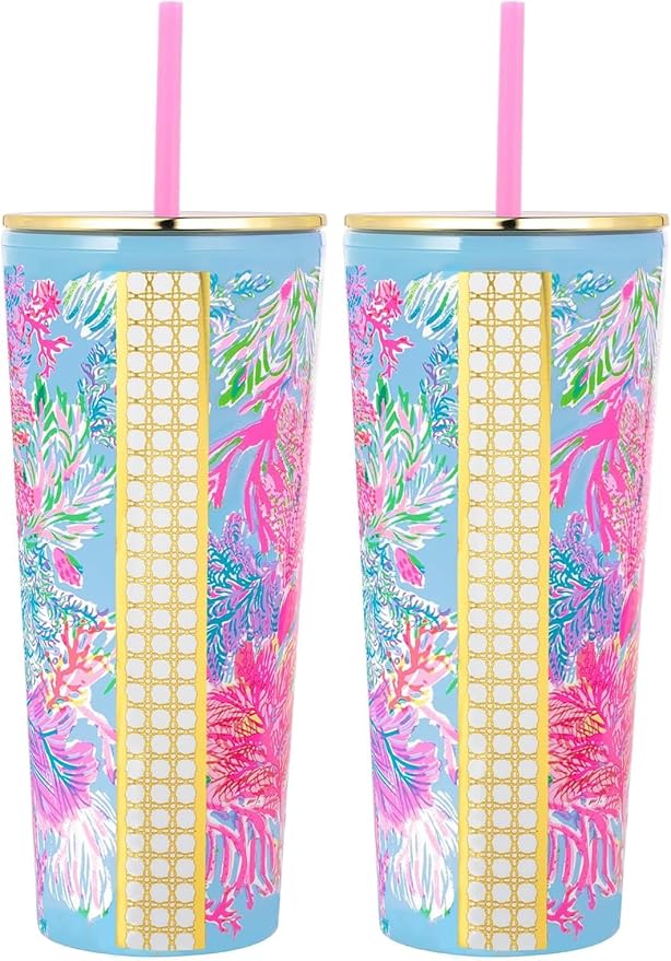 Lilly Pulitzer Double Wall Tumbler with Lid and Reusable Straw, Insulated Travel Cup Holds 24 Ounces, Cay to My heart (Pack of 2)