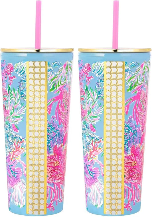 Lilly Pulitzer Double Wall Tumbler with Lid and Reusable Straw, Insulated Travel Cup Holds 24 Ounces, Cay to My heart (Pack of 2)