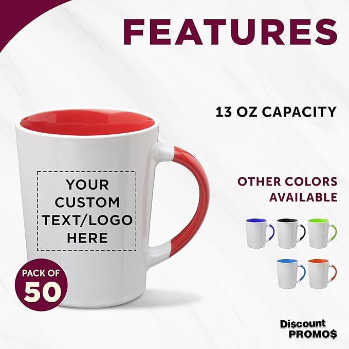 Custom Ceramic Latte Coffee Mugs by Albany 13 oz. Set of 50, Personalized Bulk Pack - Perfect for Coffee, Tea, Espresso, Hot Cocoa, Other Beverages - Red