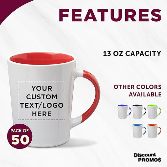 Custom Ceramic Latte Coffee Mugs by Albany 13 oz. Set of 50, Personalized Bulk Pack - Perfect for Coffee, Tea, Espresso, Hot Cocoa, Other Beverages - Red