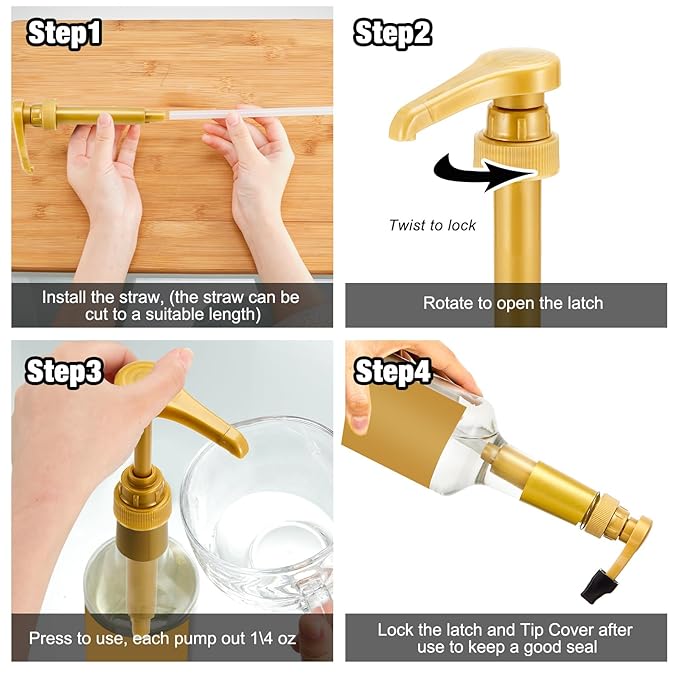 Kigley 6 Pieces Coffee Syrup Pump Dispenser with Tip Cover Fits 750ml/25.4oz Bottles, Skinny Syrup Pump for Coffee Flavoring, Creamers, Caramel, Beverages, Dinning Cafe Bar Drinking Mixes(Gold)