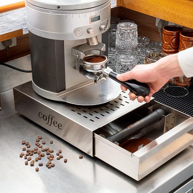 Restaurantware Restpresso 13.5 x 9.75 x 3.75 Inch Espresso Knock Box 1 Vented Coffee Knock Box - Detachable Drawer Silicone Knock Bar Silver Stainless Steel Coffee Grounds Knock Box Durable