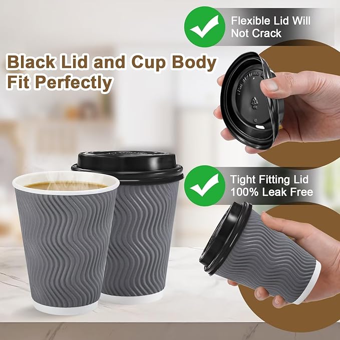 Clawsoff 500 Pack Coffee Cups with Lids 12oz, Disposable Insulated Ripple Wall To Go Paper Coffee Cups for Hot/Cold Drinks Office Home Shop Event (Grey)