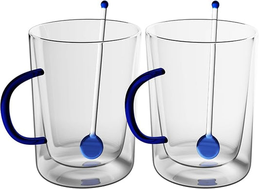Elle Decor Double Wall Glass Coffee Mugs with Spoons | Set of 2 | Glass Cups with Colored Handles | Clear Coffee Mugs for Latte, Cappuccino, Espresso Coffee, Tea and Hot & Cold Beverages (Blue)