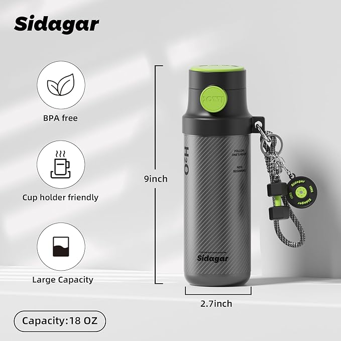 18 oz Insulated Water Bottle, Stainless Steel Travel Mug with Lid, Double Wall Vacuum Sports Water Bottle, BPA Free, Leak-Proof, Fits in Car Cup Holder, Great for Men Kid School, Silver