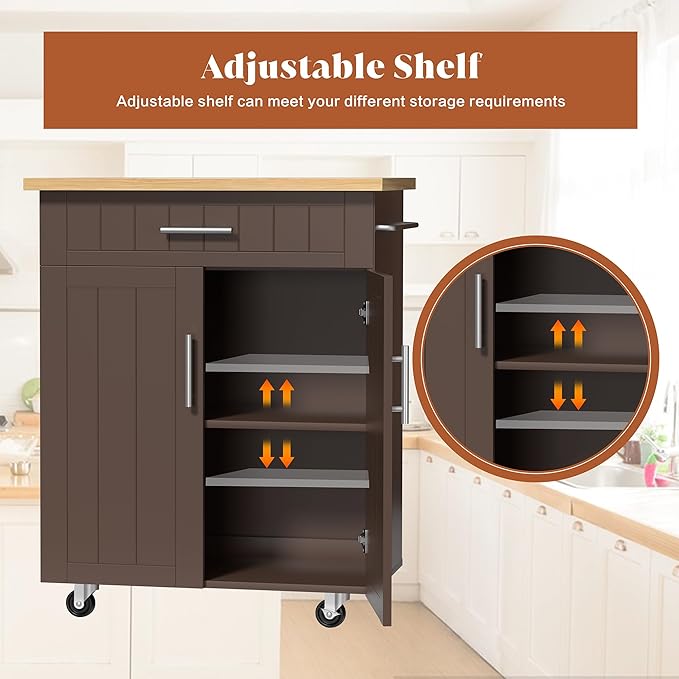 JY QAQA 26" Kitchen Island on Wheels with Storage Cabinet Kitchen Cart Cabinet with Shelves, Cart Handle for Towel Rack or Free Mobility, Portable Islands for Kitchen,Brown