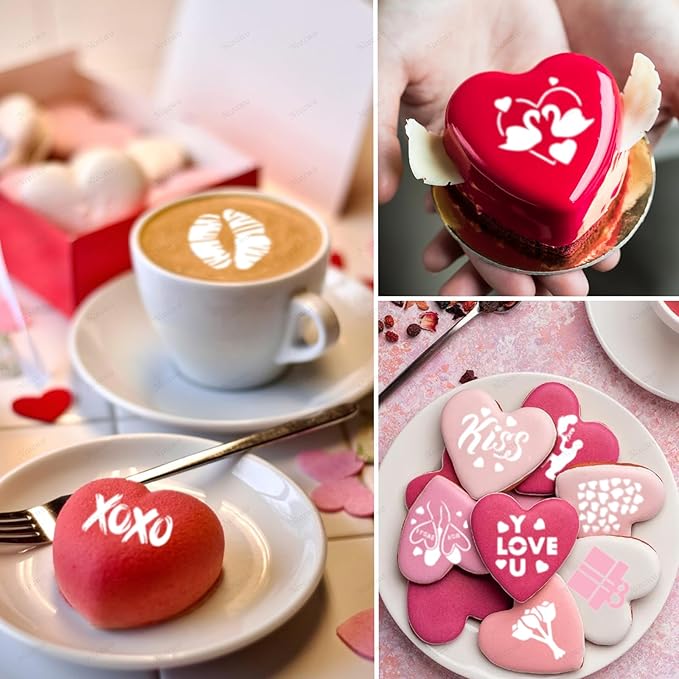 20 Pcs Valentine's Day Cookie Stencils Reusable Cake Coffee Decorating Stencils Templates Mold Tools for Cake Cookie Dessert Buttercream Painting Coffee Decoration DIY Valentines Party Decor