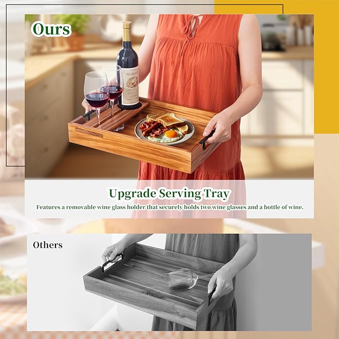 Wood Serving Tray with Handles, 17"x12" Rustic Wooden Trays Decorative Coffee Table Tray for Ottoman, Living Room Decor, Breakfast Food Trays in Bed, Kitchen Food Tray