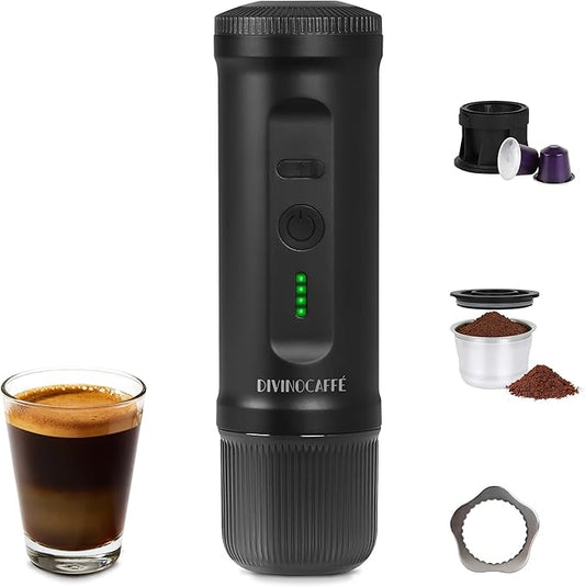 Portable Espresso Maker, Electric Coffee Machine with Self Heating for Travel & Camping, 20 Bar Espresso Machine for NS Capsule & Coffee Powder, Compact Size Ideal for RV, Hiking, Office, Car, Black