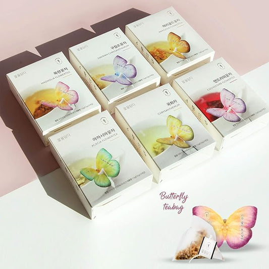 KKOKDAM Korean Tea Gift Set – 6 Flavor Butterfly Tea Bag Sampler – Elegant Box for Tea Lovers - Unique Gift