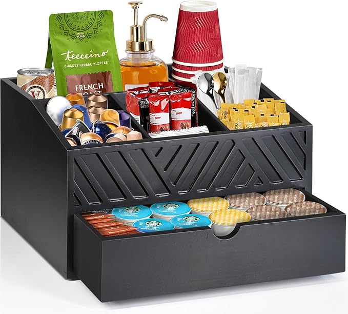 Farmhouse Coffee Bar Organizer - Wooden Countertop Station With Drawer, Pods Holder & Storage Basket