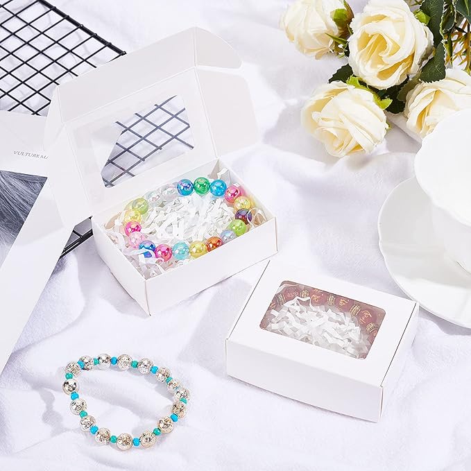 BENECREAT 30 Pack White Kraft Paper Boxes with Clear Window 3.3x2.3x1.1 Inch Gift Packaging Boxes for Bakery Cookies Cake Candy Wedding Party Favors