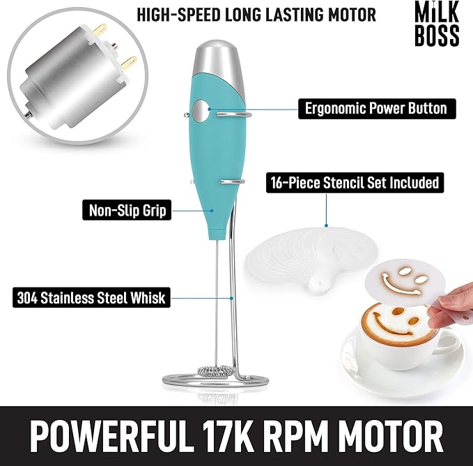 Milk Boss Matcha Whisk - Handheld Electric Stirrer - Frother Wand & Drink Mixer - Whisk for Green Tea - Durable Stainless Steel Blender - Smooth Teal Mighty
