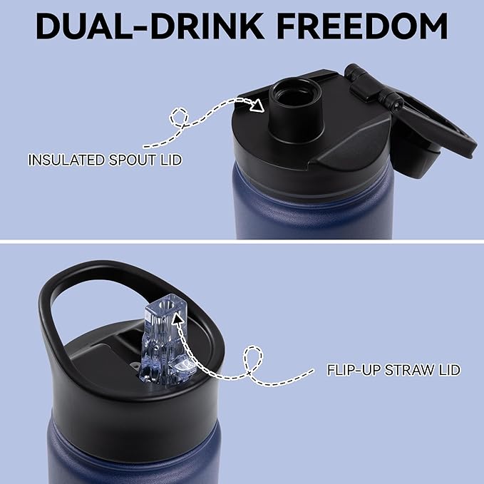 16 oz Insulated Water Bottle Bulk 4 Pack, Straw & Spout Lid, Keep Cold 24H, Spill Proof, BPA-Free, Double Wall, Stainless Steel Kids Water Bottles for School, Sports, Navy Blue