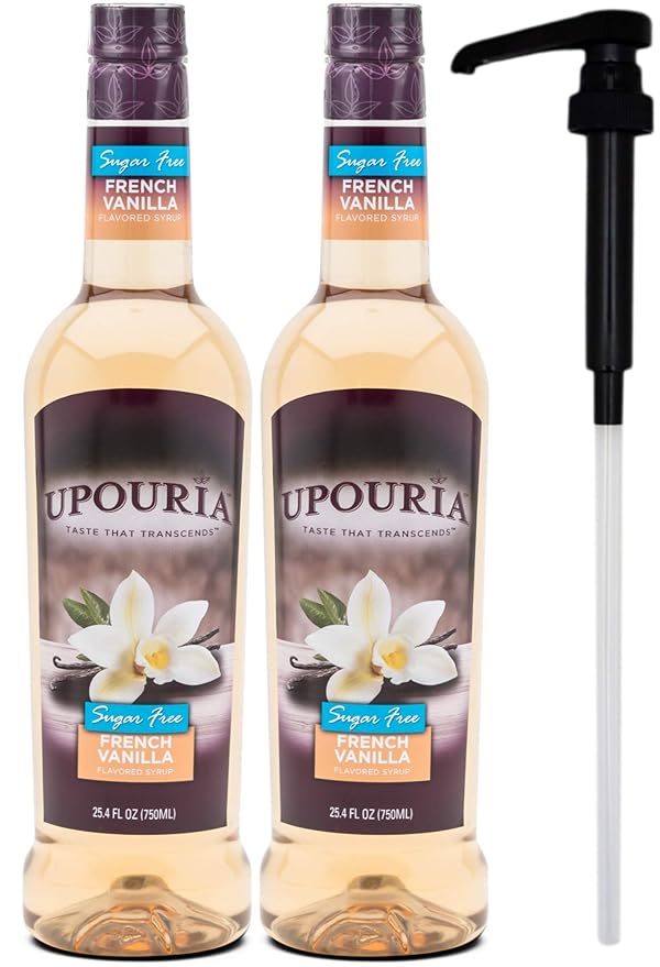 Upouria Holiday Syrup Bundle, Sugar-Free French Vanilla, 100% Vegan, Gluten-Free, Kosher, 750mL Bottles with By The Cup Coffee Syrup Pump