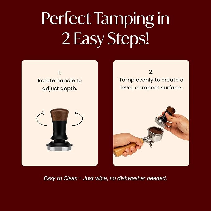 Espresso Tamper for 54mm Portafilter – Adjustable Depth Spring Loaded Tamper for Consistent Tamping – Barista Coffee Press Tool with Stainless Steel Base – Black & Walnut