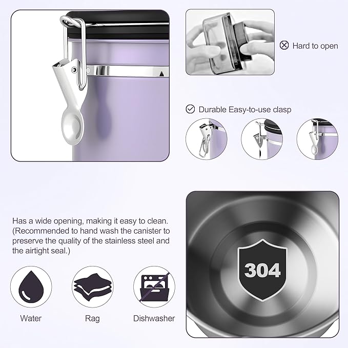 ShanSon Coffee Canister Airtight Coffee Container Stainless Steel Coffee Bean Storage Container with Scoop Coffee Canister for Beans Grounds Sugar Flour Tea Cereal,16OZ, Purple